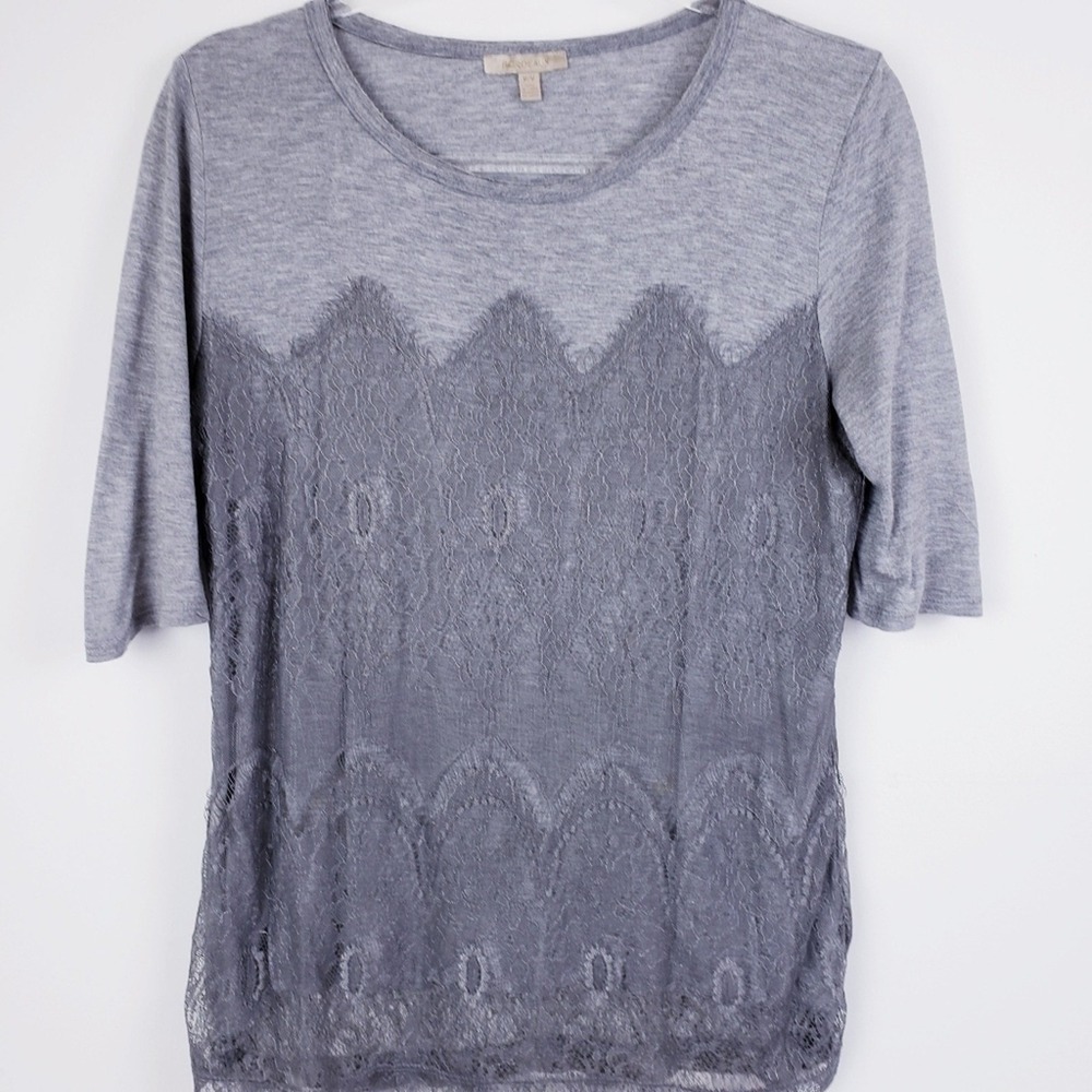 BORDEAUX‎ Anthropologie Grey Lace Overlay Top T-shirt Size Medium - Picture 2 of 8